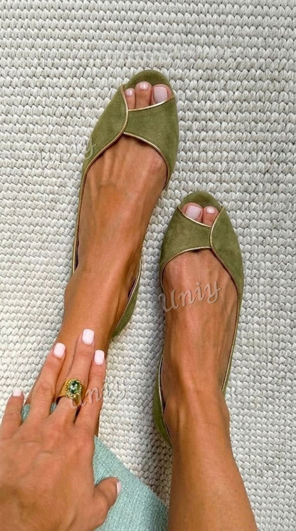 Beige and gold suede open-toe d'Orsay ballet flats