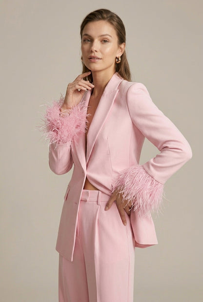 Women's Feather Cuff Blazer - Single Button - Straight Leg Trousers