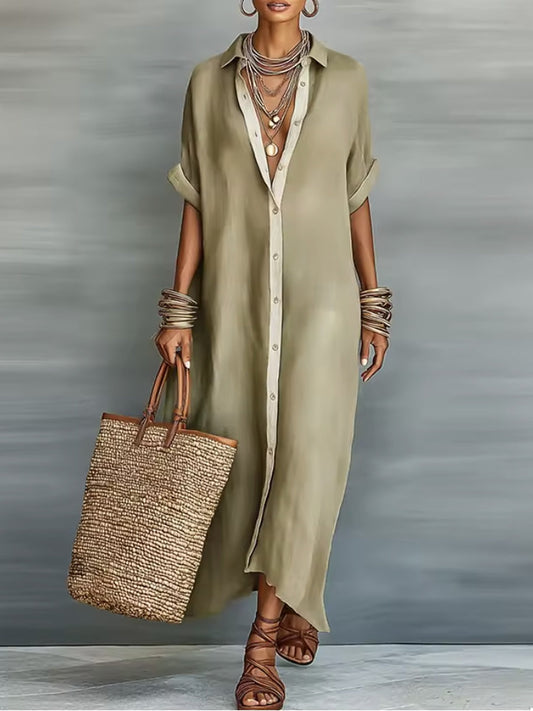 Manelle | Long olive-green dress with minimalist lines