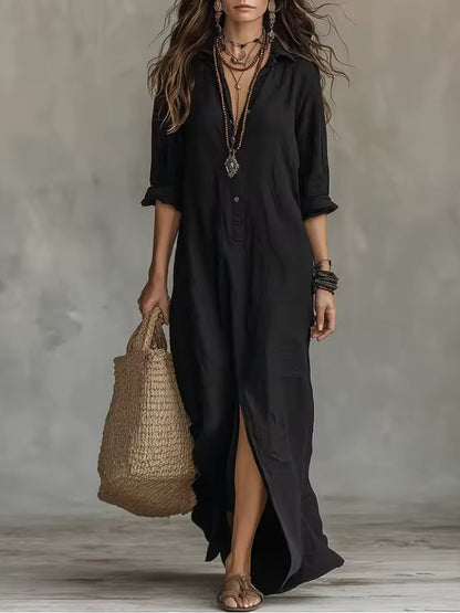 Soline | Black Loose-Fitting Long Dress with Buttons